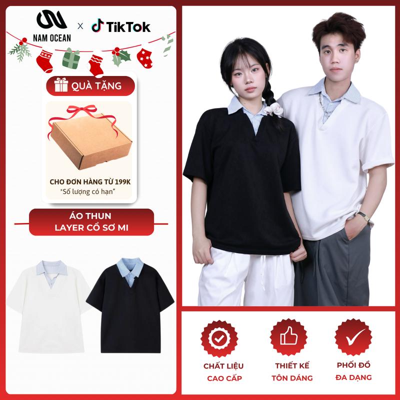  Nam Ocean - Áo Thun Layer Cổ Sơ Mi Nam Nữ Áo Phông Unisex Form Rộng Hàn Quốc Chất Vải Umi Cao Cấp M11 Thiết Kế Layer Độc Đáo Phong Cách Hàn Quốc Trẻ Trung 