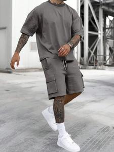 メンズ無地Tシャツ＆ドローコードウエストショートパンツのルームウェア2点セット、通気性・ソフトな着心地、夏用メンズパジャマ