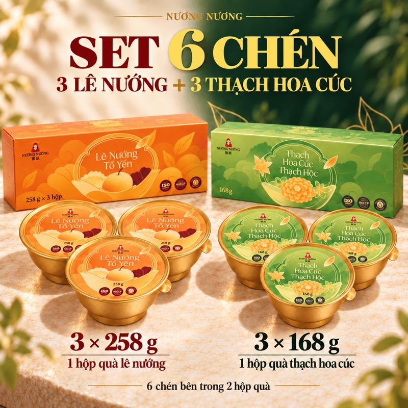 [Set 6 Mix 2 Vi] Lê Nướng Tổ Yến 258g/Chén và Thạch Hoa Cúc Thạch Hộc 168g/Chén  Tráng Miệng Ăn Liền | Nương Nương