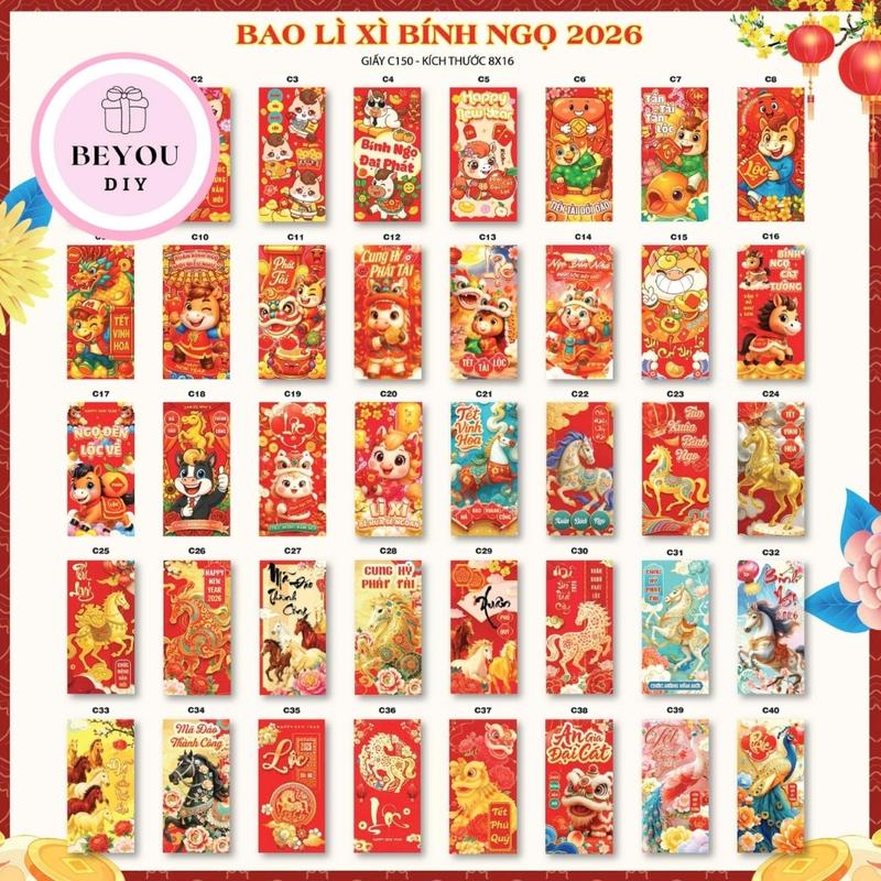 Set 10 Bao Lì Xì May Mắn Tết Bính Ngọ 2026 Lì Xì Tết Được Chọn Mẫu Phong Bao Lì Xì Chúc Tết
