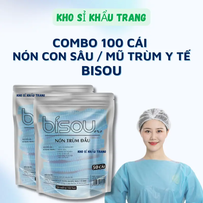 Combo 100 cái Mũ trùm y tế, nón con sâu Bisou 21cm 0