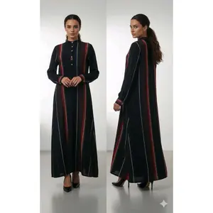 Abaya Wanita Elegan dengan Desain Garis Merah dan Hitam Model Terbaru 2025 Casual Baju Dewasa Midi Panjang Gamis Busui Mewah Remaja