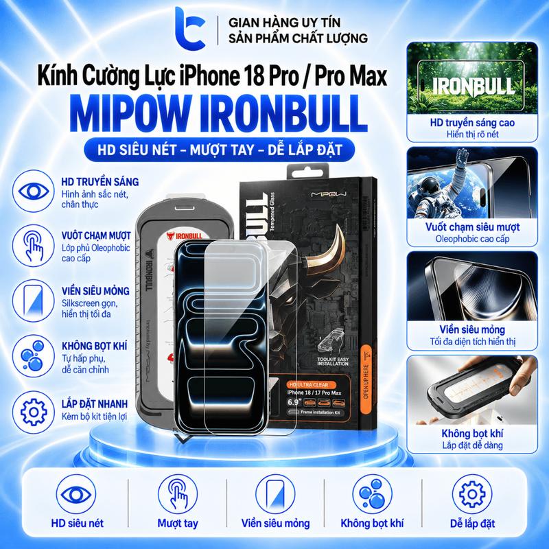 Kính Cường Lực iphone 18Pro/Promax MIPOW IRONBULL 9H Kèm Khung Dán, 3D, Trong Suốt, Chống Nhìn Trộm