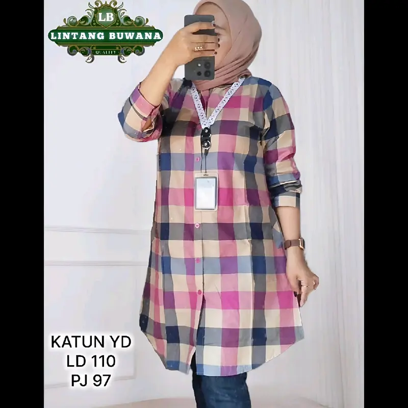 Lintang Buwana Selina Tunik Kotak Kotak Katun Wanita Atasan Panjang Muslim Kancing Formal daily warna warni 2