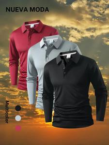 Conjunto de camiseta polo de manga larga para hombre de negocios casual, nuevo de otoño, simple y versátil, de color sólido, cuello transpirable, paquete de 3 piezas