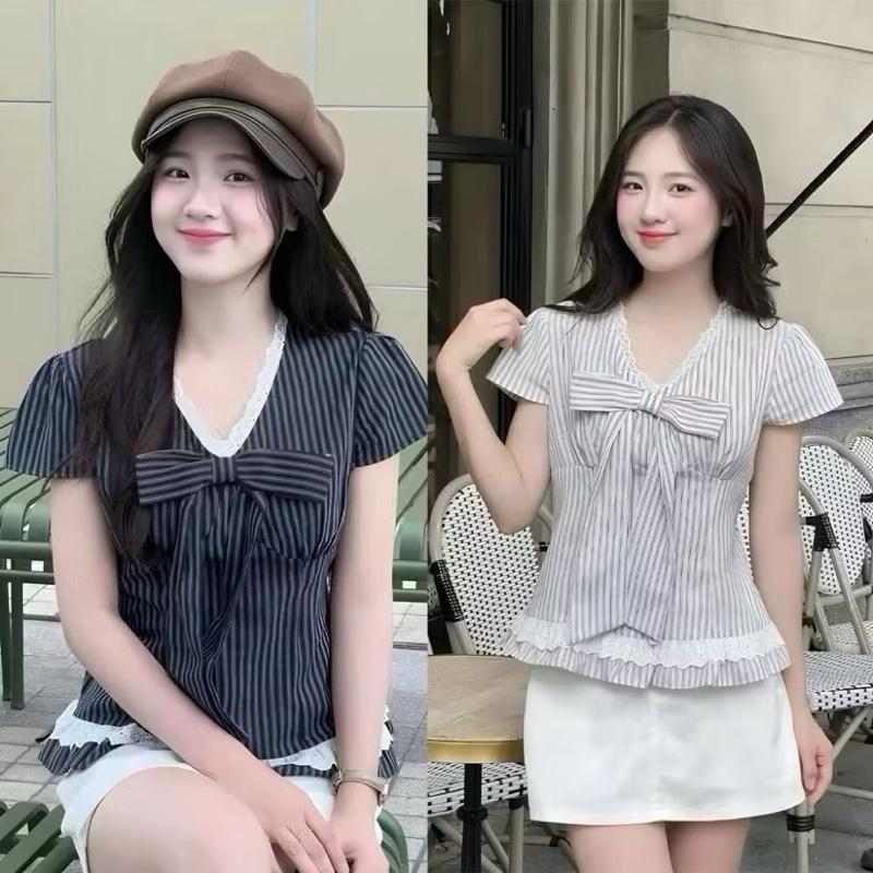  Mèo Mỡ Bigsize— Áo lẻ kiểu sơmi cột nơ cổ V dễ thương bigsize nữ 60-95kg 