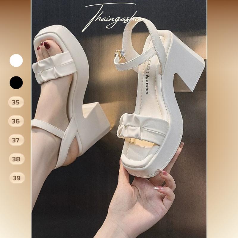  Giày sandal cao gót đế vuông siêu nhẹ êm chân màu trắng màu đen chất mềm cao 7 phân G0889-PU7P 