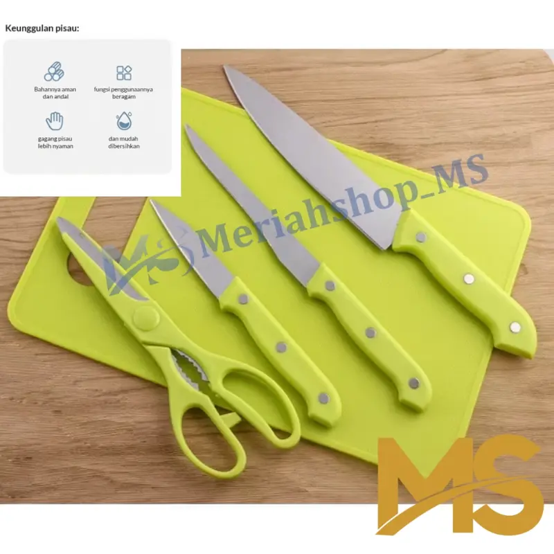 MERIAHSHOP Pisau Set Telenan Talenan Warna 5 in 1 Cutting Board Pisau Gunting Dapur Koki Masak Stainless Steel Anti Karat 3