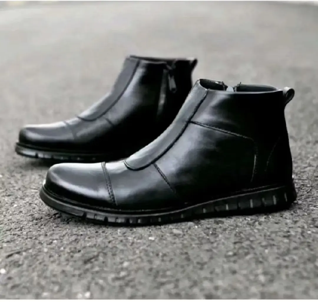 MARVELS AIDENS - SEPATU KULIT SAPI ASLI PENTOPEL PDH ZIPPER Hitam Boots Karet Shoes Pria