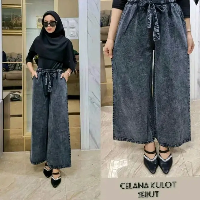 Celana Jeans Kulot Highwaist Panjang Nyaman Hitam Biru Allsize Lingkar Pinggang 60-100 - Denim, Loose Karet