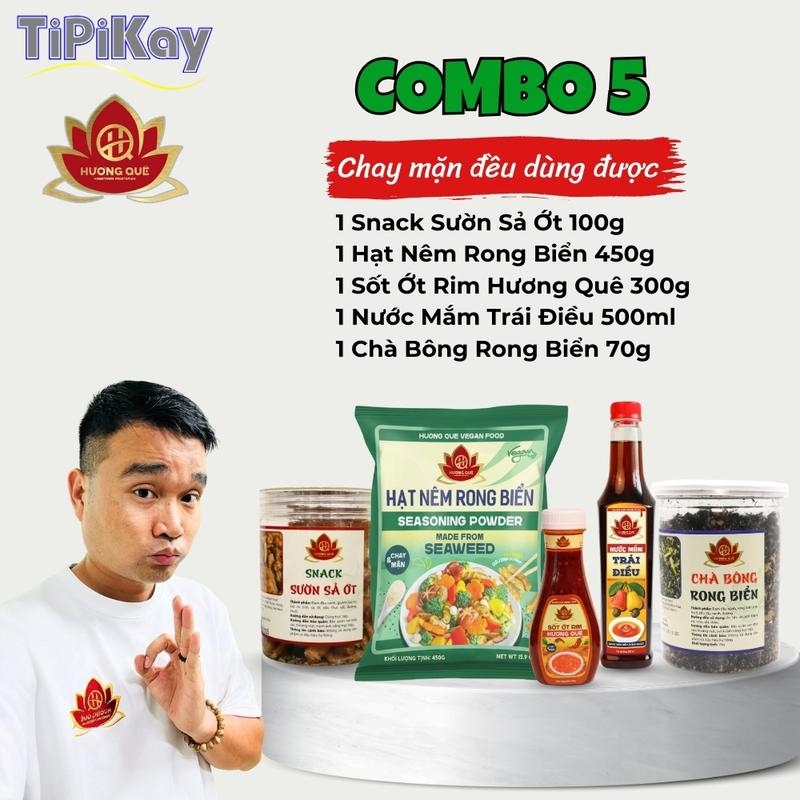 Combo 5 Món Nước Mắm Trái Điều 500ml + Sốt Ớt Rim 300g + Hạt Nêm Rong Biển 450g + Snack Sườn Sả Ớt 100g + Chà Bông Rong Biển 70g - TiPiKay Shop