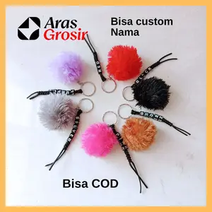 ARAS GROSIR - Gantungan Tas & Kunci Custom Nama Warna Warni Pompom Bulu Desain Unik Cocok untuk Tas dan Kunci Bisa COD