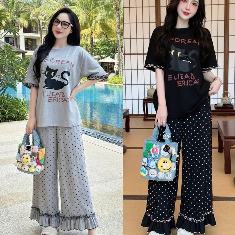 Đồ Bộ Nữ Mặc Nhà Bigsize Set Bộ Nữ Xinh Quần Ống Suông Rộng Chấm Bi ESHOP Đồ mặc nhà dễ thương đi chơi đẹp cá tính MS969 Top  Women
