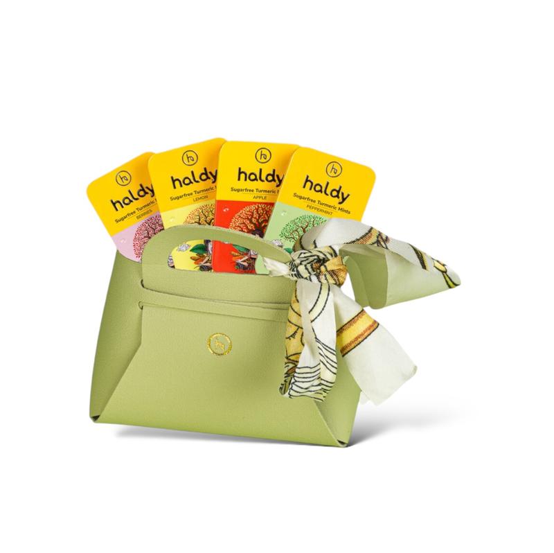 Haldy Designer Mini (Green bag) + All 4 Flavours of Sugarfree Turmeric Mints Snack Candy 0