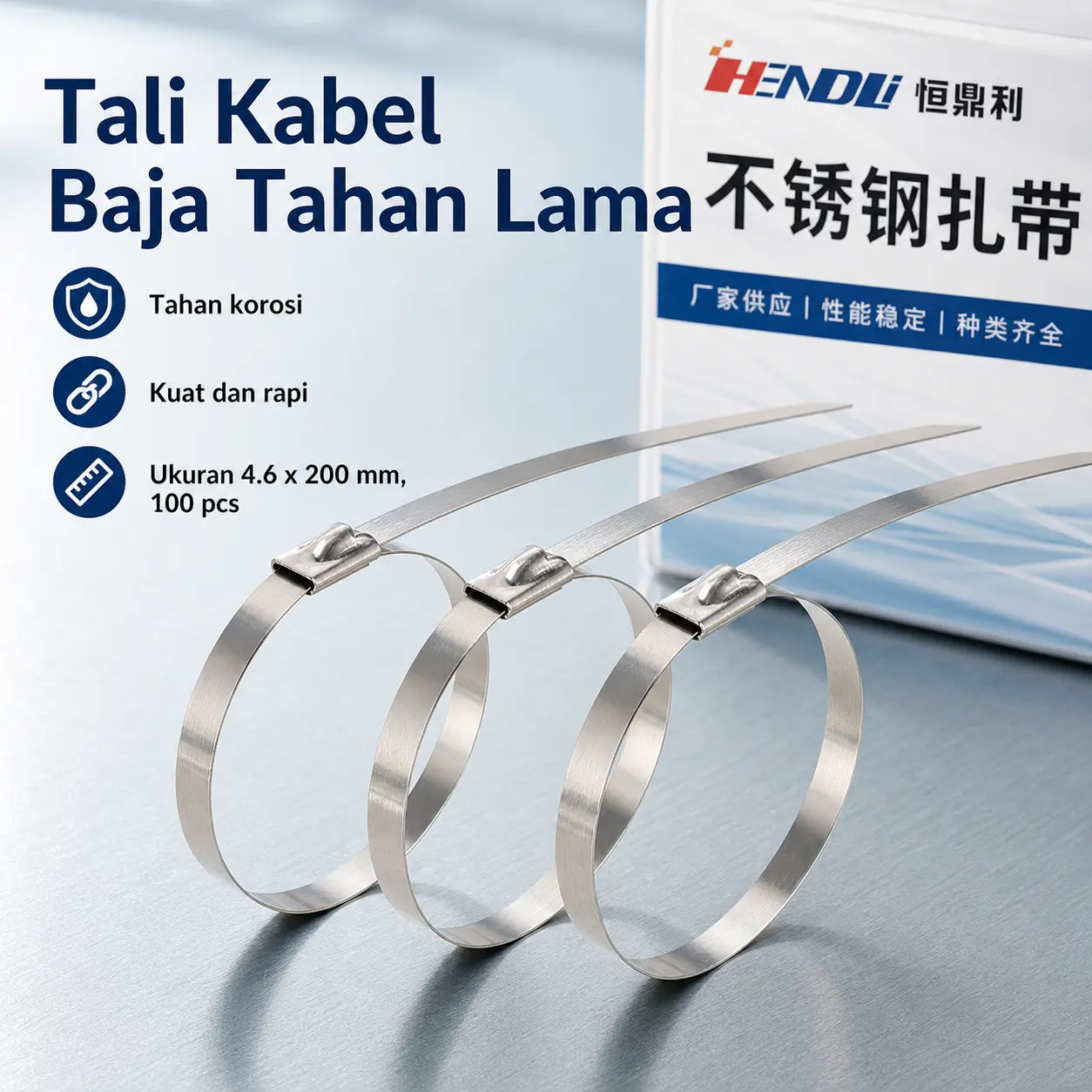 Kabel Ties Stainless Steel 4,6 x 200 mm untuk Pengikat Kabel dan Pipa 100 pcs