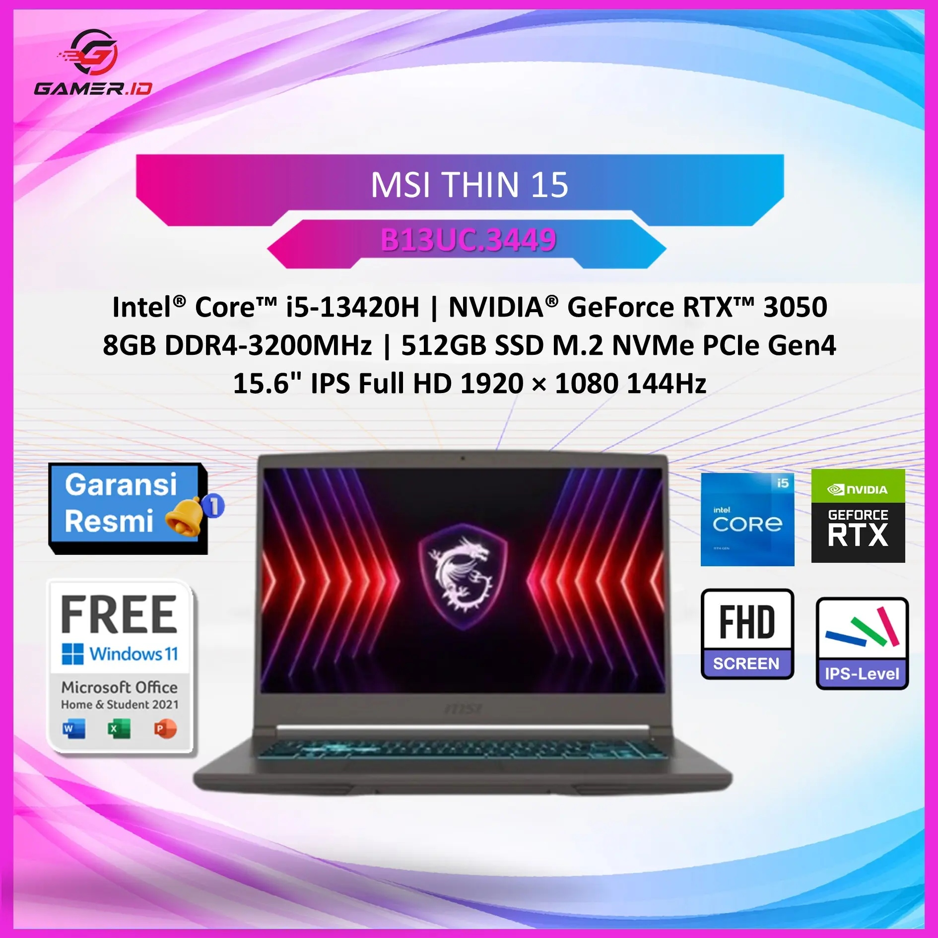 [BEST SELLER] MSI THIN 15 I5 13420H RTX3050 4GB/ RAM 8GB SSD 512GB W11 15.6FHD 144HZ BLIT GARANSI RESMI