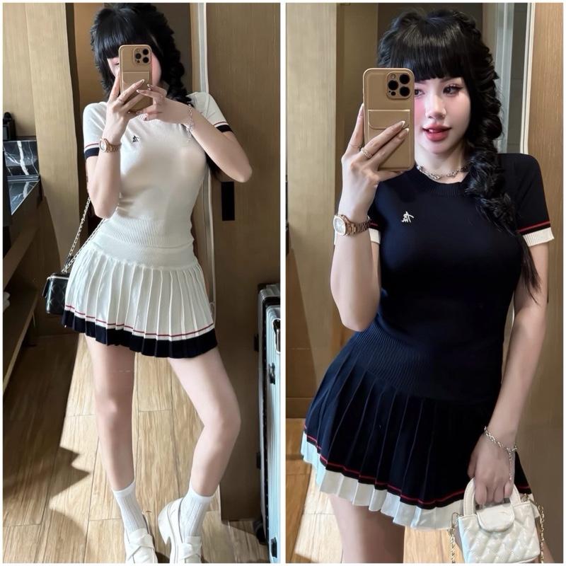 Sét len mongtoghi FREE SIZE (Lưu ý : CHÂN VÁY DÁNG NGẮN không có lót trong) chân váy xếp ly mix áo cổ tròn Hàng QCCC , Sét bộ nữ chất len mongtoghi co giãn thoải mái #Lynk nhi