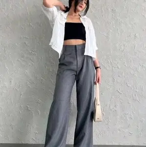 Oro pants Knit-loose pants knit Highwaist Standar Jumbo Hitam Panjang Kerja Formal Pant Rib Basic Kulot Casual Karet Samping Nyaman Celana Kantor korean style Kancing Dark Garis Variasi Wanita