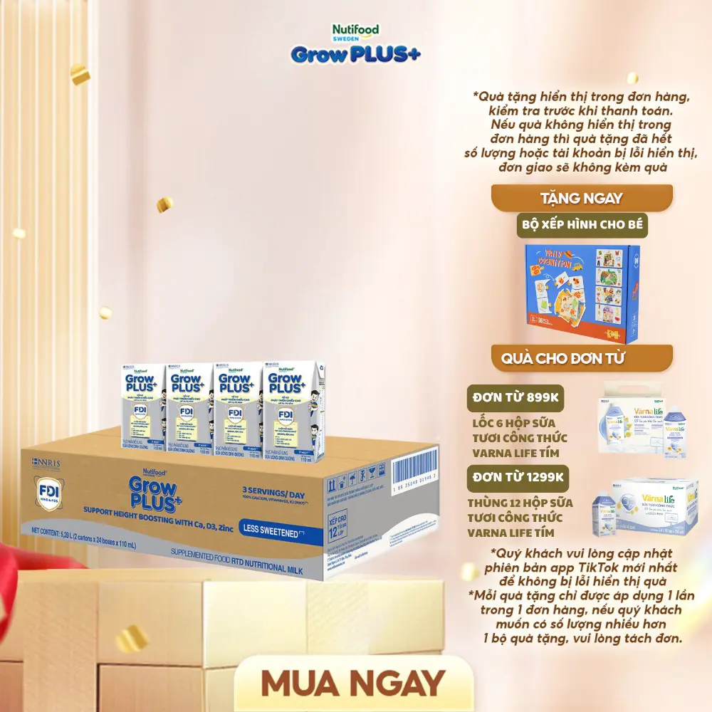 Thùng 48 hộp 110ml sữa Bột Pha Sẵn Nutifood Sweden GrowPLUS+ Cao lớn vượt trội hộp Ít ngọt (2 x 2.64L)