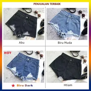 【Promo】celana jeans pendek wanita hot pants jeans ripped kakinian dewasa high waist hitam santai cewek jeans pendek jumbo
