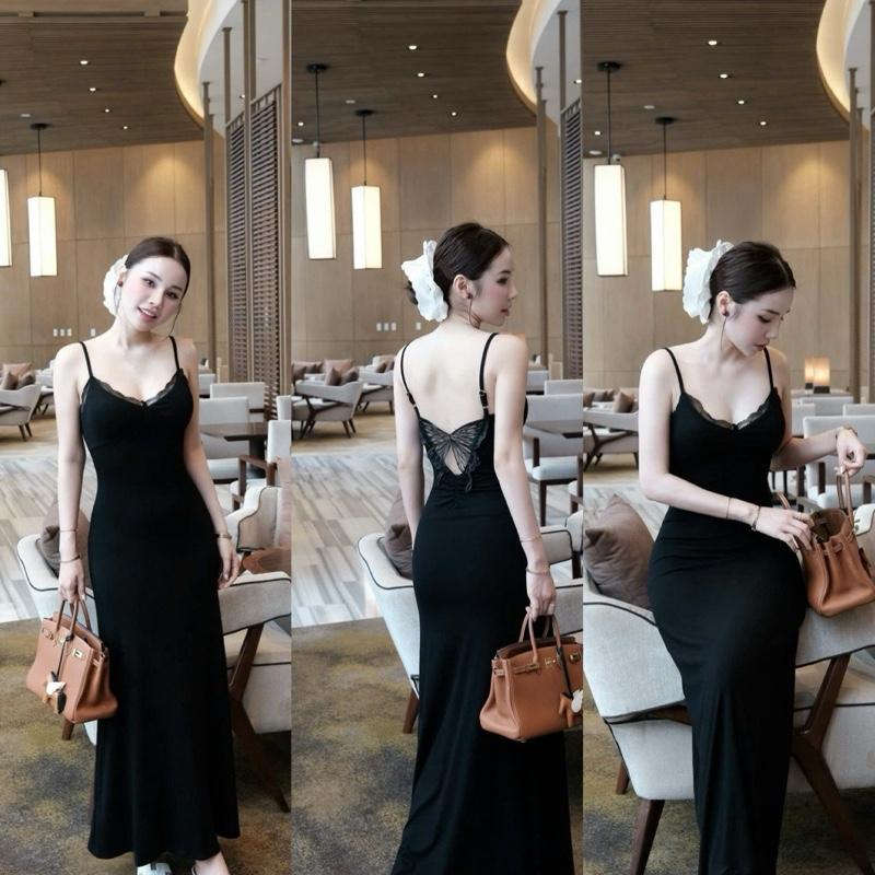  Đầm Body Thiết Kế 2 Dây Dáng Dài Phối Ren Bướm From Dài Sang Chảnh Co Dãn -H78 