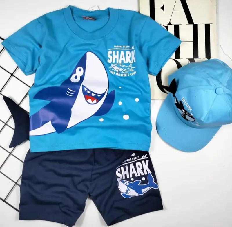 Setelan baju anak laki-laki usia 1-10 tahun motif HIU/Baju anak laki-laki motif terbaru dan terbest seler bisa dengan topi 0