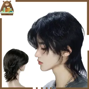 Wig Pria Rambut Palsu Mullet Wig Cosplay Gaya Jepang Wig Ekor Serigala