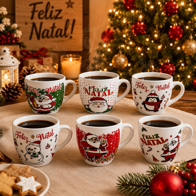 Conjunto Xícaras Natalinas 6 Peças Em Porcelana 75ml Decoração Feliz Natal Papai Noel
