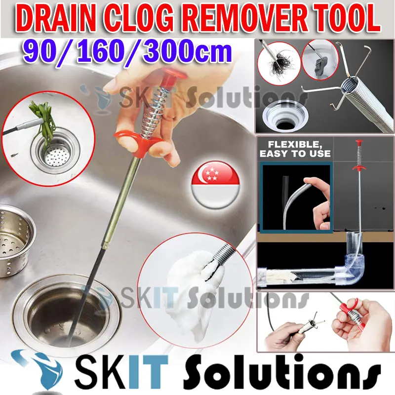 【SG Seller】90cm/160cm/300cm Sink Drain Blockage Clog Hair Remover Unclog Toilet Pipe Cleaner Drainage Declogger for Toilet Bathroom Wash Basin Bath Tub Kitchen Tube Drain Floor Trap Sewer, Grabberable Claw Pick up Tool With 4 Claws, Plumbing Snake Tool