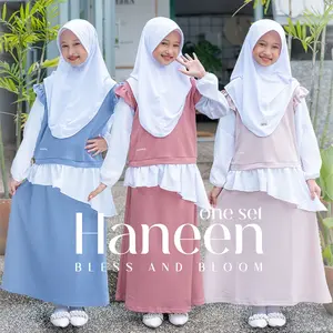 AMMARKIDS Baju anak Muslim Perempuan Setelan Kekininan HANEEN ONE SET Keren Polos Gamis Kombinasi Nyaman Syari Rose Crepe Ruffle Lebaran