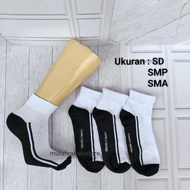 (paket 6 pasang) kaos kaki sekolah pendek anak SD SMP SMA putih telapak hitam 2