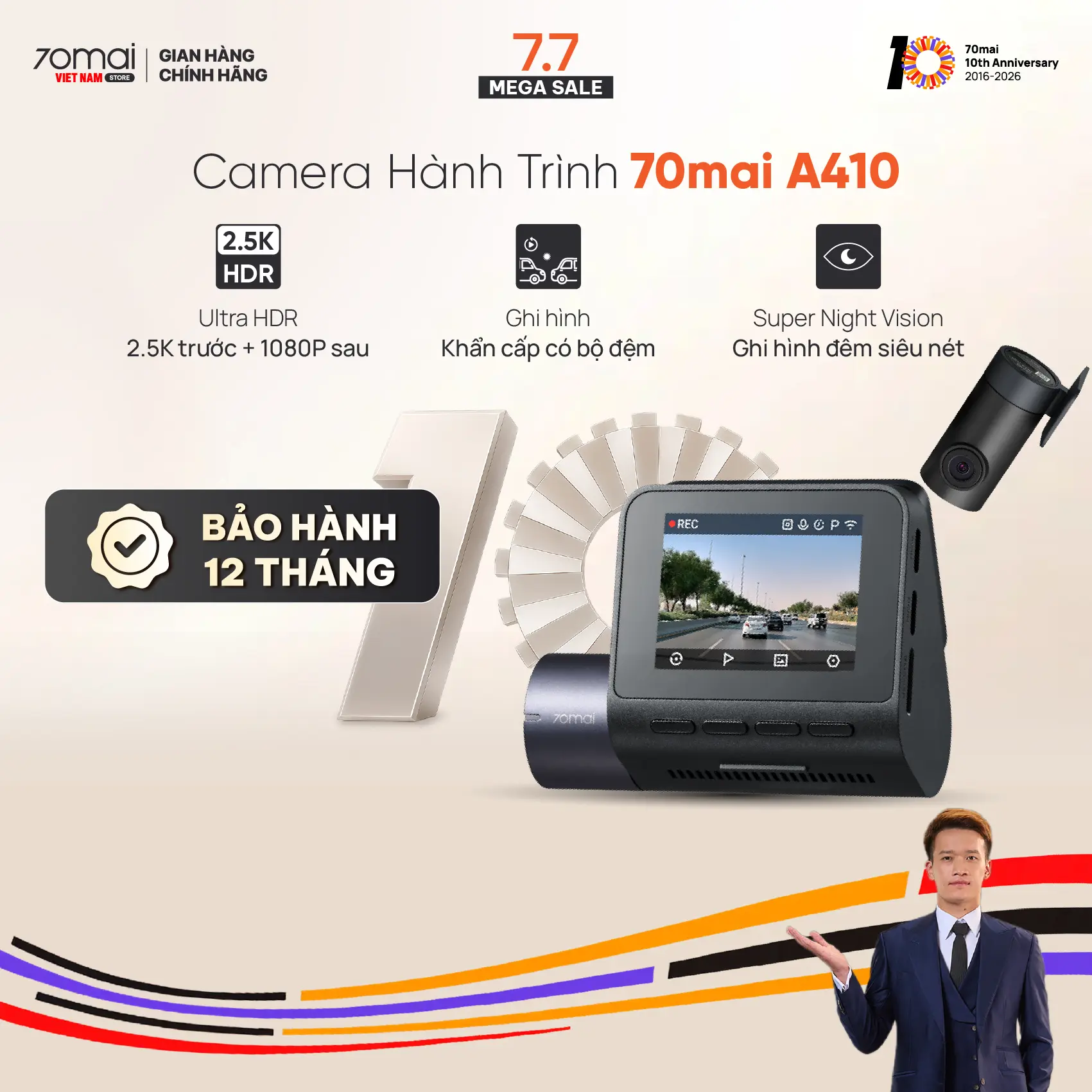 Camera hành trình 70mai A410 2.5K HDR ghi hình 2 mắt trước sau siêu nét, giám sát đỗ xe 24h