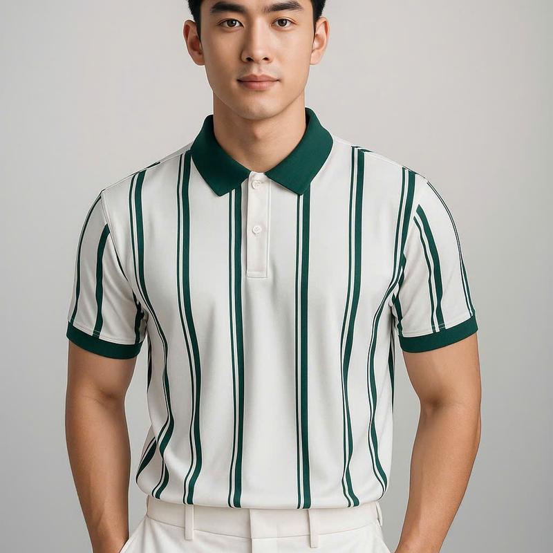  ÁO THUN POLO VẢI POLY TRẮNG SỌC DỌC XANH LÁ ĐẬM SANG TRỌNG THANH LỊCH 