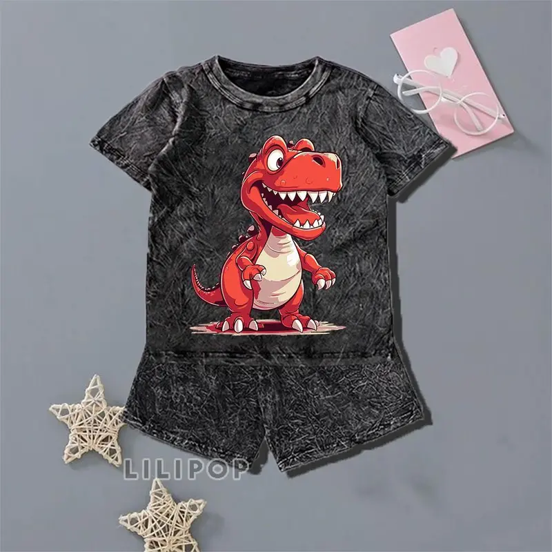 Majin  Fashion Anak Unisex Stelan Stone Wash 3/4 Cocok untuk Anak Laki-laki dan Perempuan DINO TREX Stylish Setelan 6