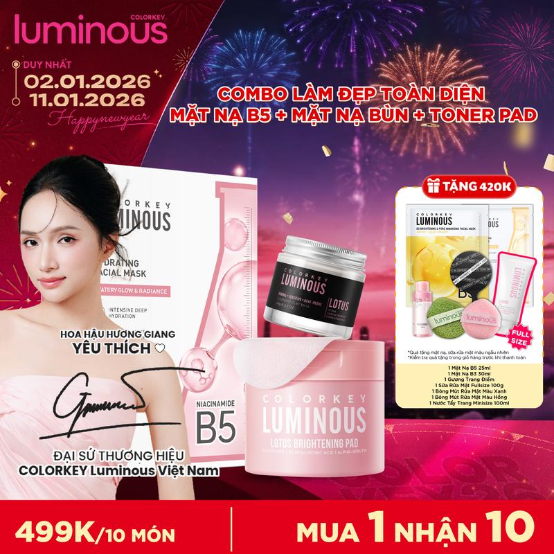 OFFICIAL COMBO LÀM ĐẸP TOÀN DIỆN COLORKEY LUMINOUS 1 Hộp Mặt Nạ B5 10miếng hộp + 1 Hộp Toner Pad Làm Dịu Da 210ml hũ + 1 Mặt Nạ Bùn Làm Sạch Da 60g hũ