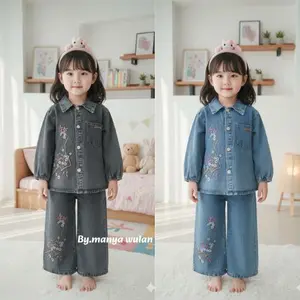 Karamoy Set Jeans Bordir Bunga Anak Perempuan Usia 3 - 12 Tahun / Setelan Viral Model Kekinian - Setcel Full Jeans Model Korean Style - COD