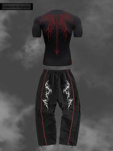 Conjunto deportivo para hombre, estampado de alas estilo Y2K, camiseta ajustada de manga corta que se seca rápido, pantalones con cintura elástica y cordón ajustable, gimnasio, correr, senderismo