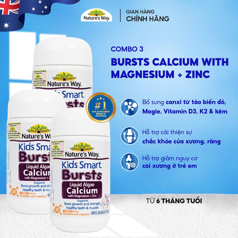COMBO 3 HỘP Viên Nhai Nature's Way Kids Smart Bursts Liquid Algae Calcium With Magnesium + Zinc - Calci tổ ong tảo biển đỏ Aquamin F bổ sung Vitamin D3 + K2 - Hỗ trợ phát triển xương, răng chắc khỏe - 30 viên