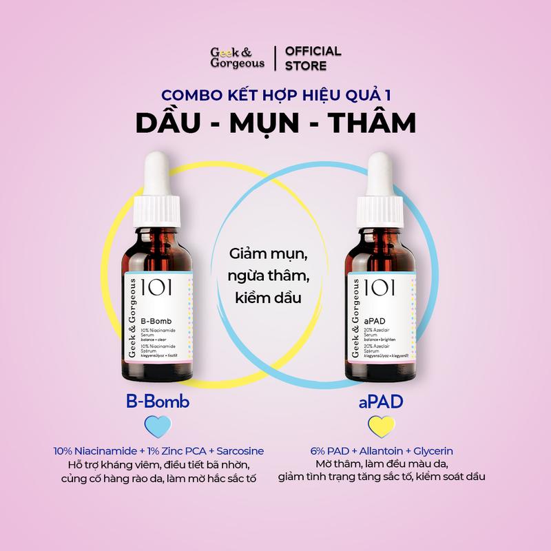 KOL Bộ Đôi Tinh Chất Hỗ Trợ Giảm Mụn Mờ Thâm Dưỡng Da Sáng Khỏe Geek&Gorgeous B-Bomb + aPAD 30ml+30ml