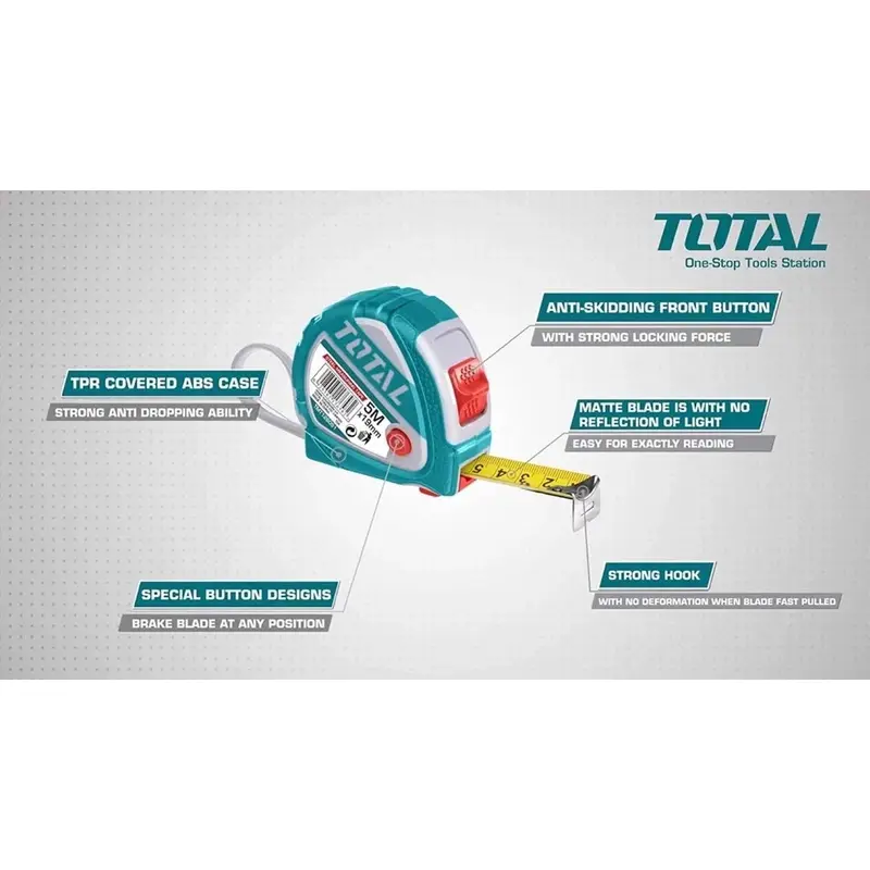 TOTAL Pita pengukur baja Selongsong karet 3/5/8/10 meter Tombol 3 stop Metrik dan Imperial Mengunci sendiri 5