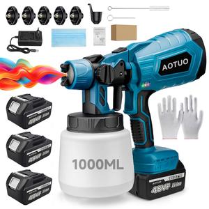 Pistola Pulverizadora de Mano Inalámbrica con 3 Baterías Recargables  2600mA, Depósito 1000ML,750W, 5 Boquillas Ajustables, Incluye Guantes y Accesorios, Pulverizador Eléctrico Azul para Pintura de Casas, Paredes, Muebles, Autos y Proyectos de Bricolaj,  herramienta eléctrica  pintar fácil