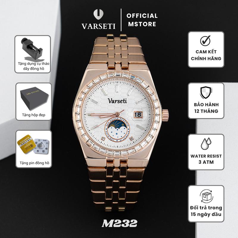   Deal Xả Kho Độc Quyền ĐÌNH TRƯỞNG  M232 – Đồng hồ pin Varseti Quartz nam dây thép mạ vàng – Mặt trắng vân tổ ong sang trọng lịch ngày 3h lịch trăng Moonphase – Phong cách doanh nhân lịch lãm 