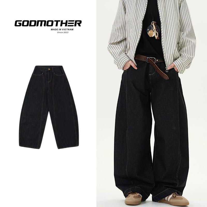 Quần Denim Đen Form Rộng GODMOTHER Quần Jean Cotton Ống Rộng Form Thụng Nam Nữ Unisex