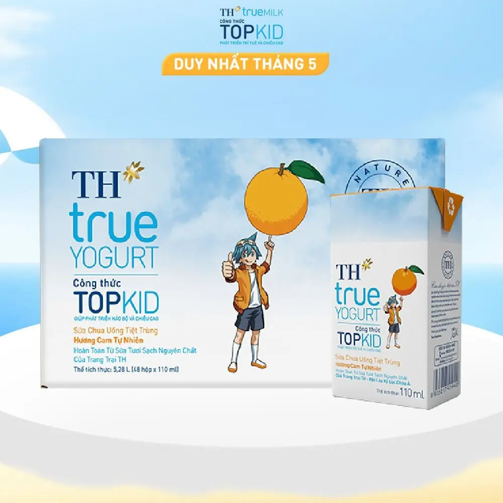 Thùng 48 hộp sữa chua uống tiệt trùng TH true YOGURT TOPKID hương dâu/ cam /dâu-chuối-lúa mạch tự nhiên 110 ml (110 ml x 48)