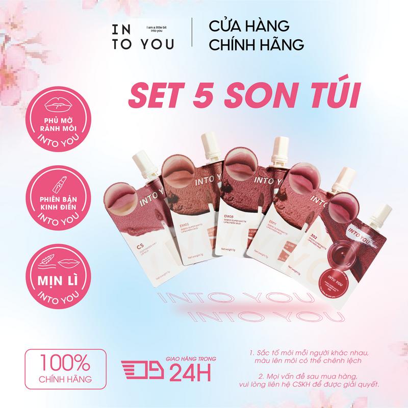 (KOC/KOL) Set 5 Son Bùn Túi Mini INTO YOU (EM05 + 302 + EM08 + EM11 + C5) Chất Son Bùn Lì Làm Giảm Thâm Môi Sáng Da Bền Màu Không Khô Môi Lâu Trôi 1g Bagged Liptick