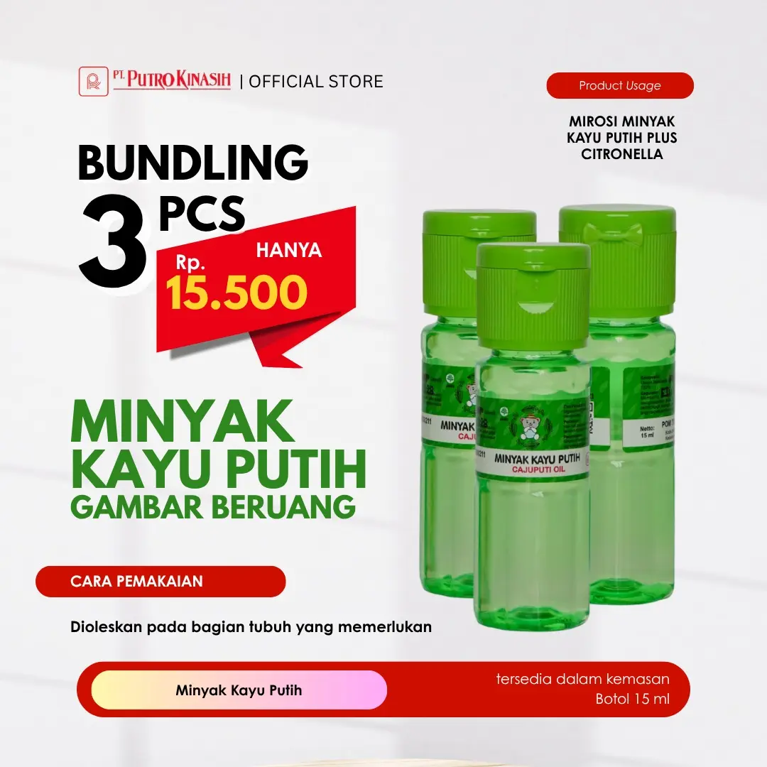 OFFICIAL STORE Minyak Kayu Putih cap Beruang 15ml – Redakan Hidung Tersumbat & Gatal Gigitan Serangga BUNDLING 3PC/ECER