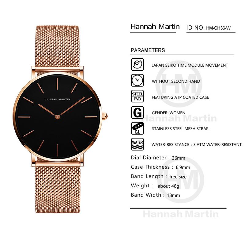 Product Introduction of HANNAH MARTIN Women's Waterproof Watch Light Luxury Minority Minimalist Steel Mesh Strap Slim Watch CV36W 30