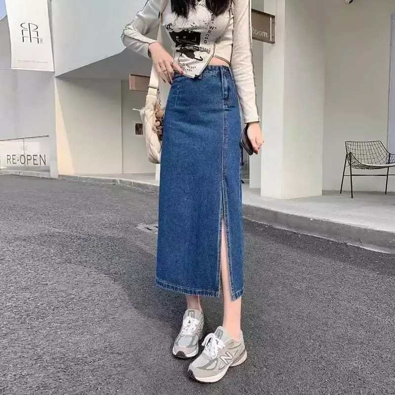 Rok jeans split korean style | Rok A-Line belah samping Wanita span kain lilit jeans78 onder