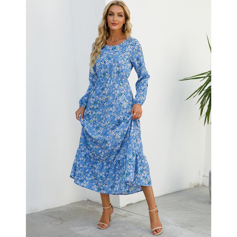 Cross-Border Foreign Trade Spring and Autumn Floral Chiffon Dress Waist-Controlled Slimming Long Sleeve round-Neck Long Printed Dress Women's 0