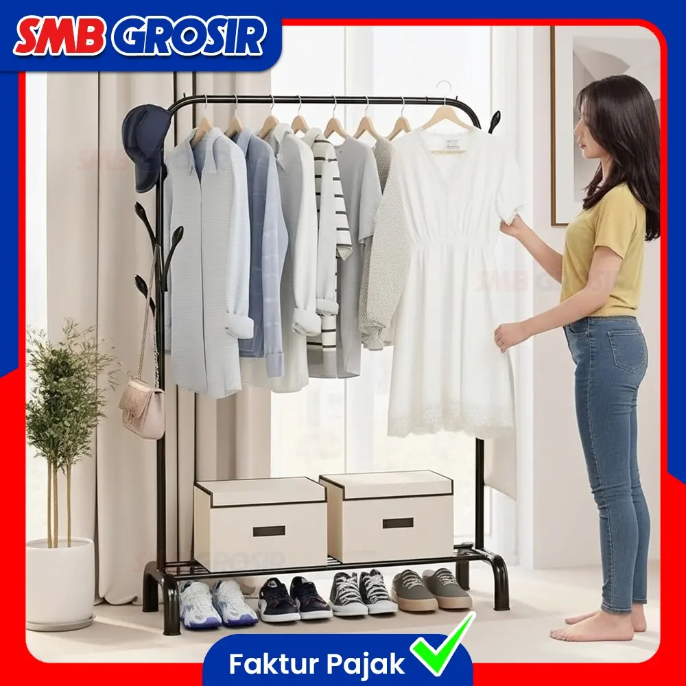 Rak Gantungan Baju Besi Gawang Stand Hanger Berdiri Jemuran Pakaian Celana Rak Portable Serbaguna